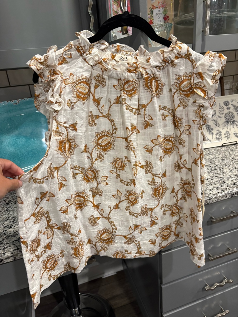 NWT White Sleeveless Ruffle Floral Top in Mustard Print